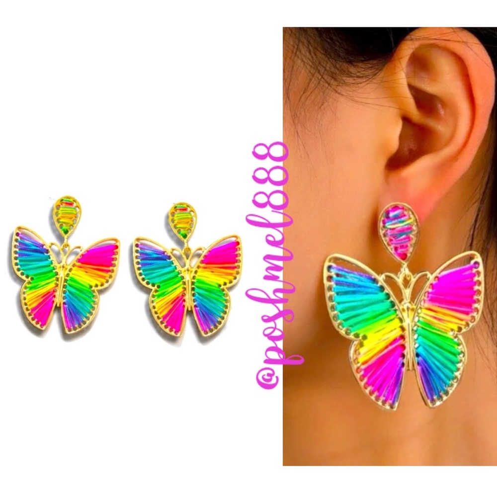 Vibrantly Fun🌈⭐️🦋Neon Bright Rainbow Butterfly Hand Woven Statement Earr… - Picture 1 of 7